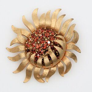 Vintage Crown Trifari Domed Sunflower Sunburst Brooch Orange Rhinestones 1960s